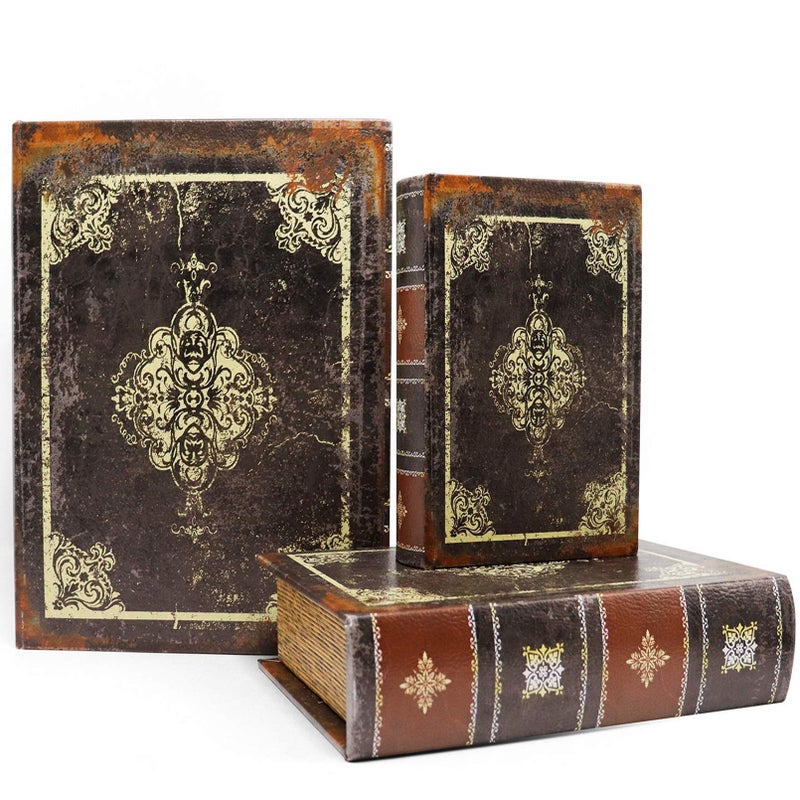 Jolitac Decorative Book Boxes World Map Pattern Antique Book Invisible box with Magnetic cover  Faux Wood Set of 3 Storage Set (Dark Vintage) - Image 1
